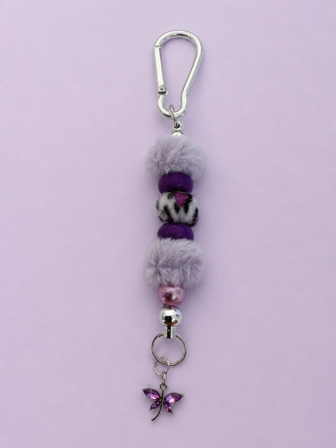 Silver and purple fuzzy keychain
