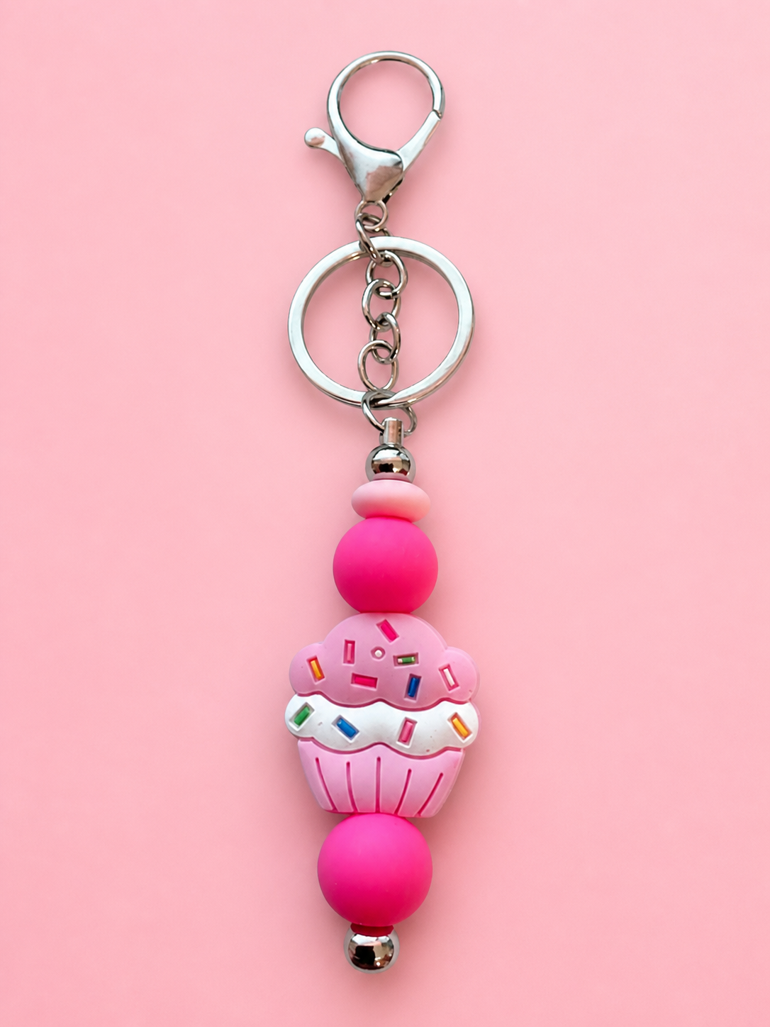 Pink cupcake bead keychain