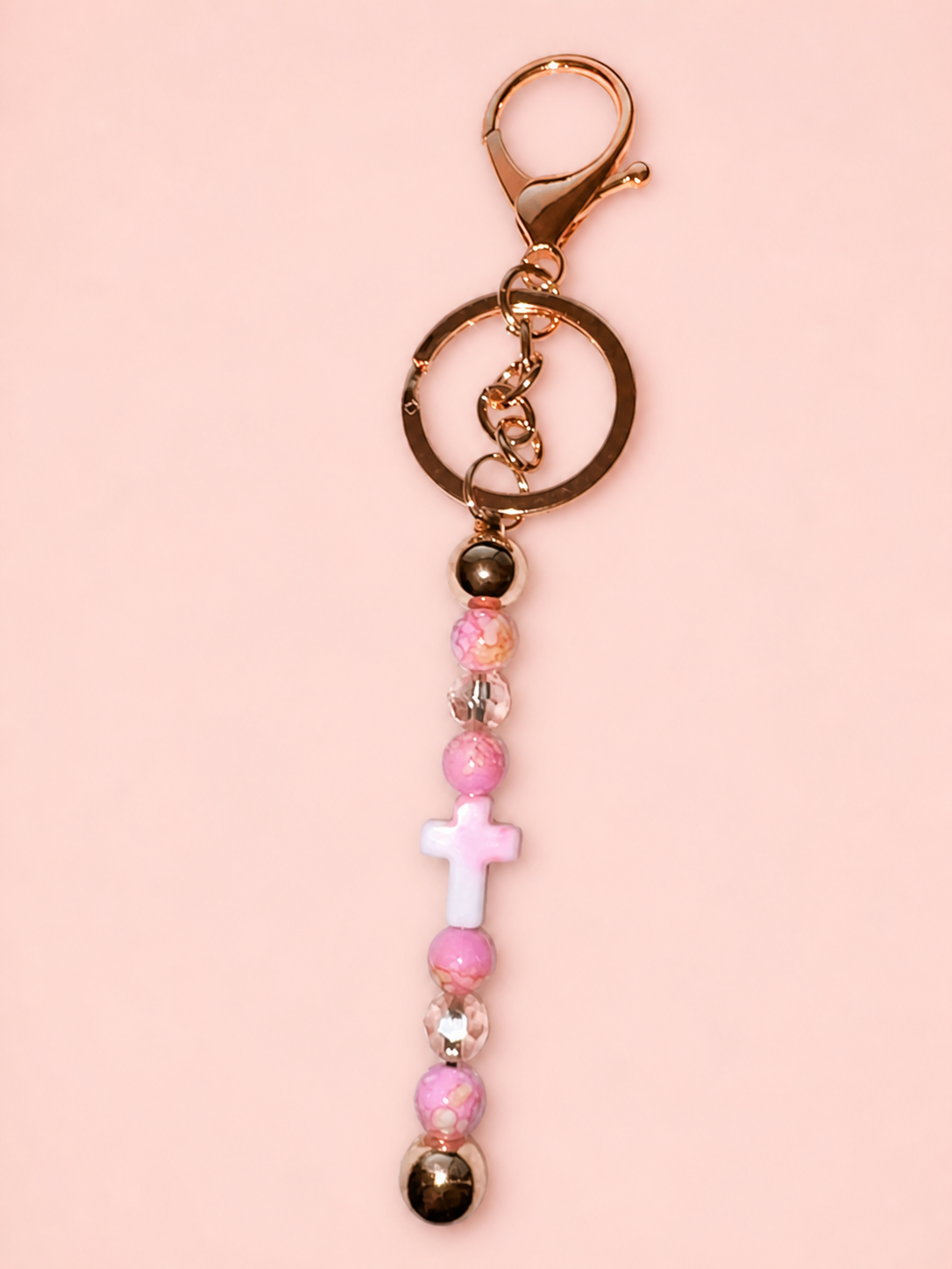 Rose Gold Pink Cross Bead Keychain