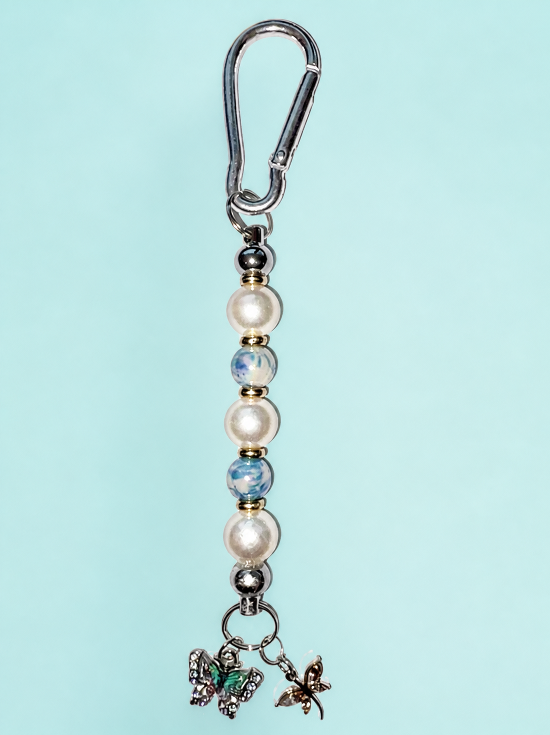 Pearl and Blue Butterfly Charm Keychain