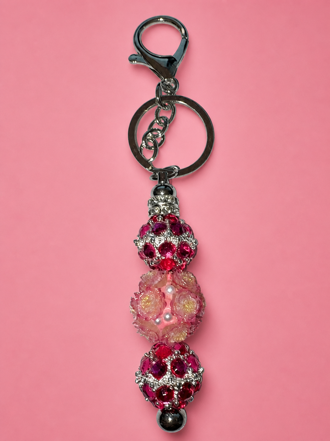 Pink Rhinestone Bead Keychain