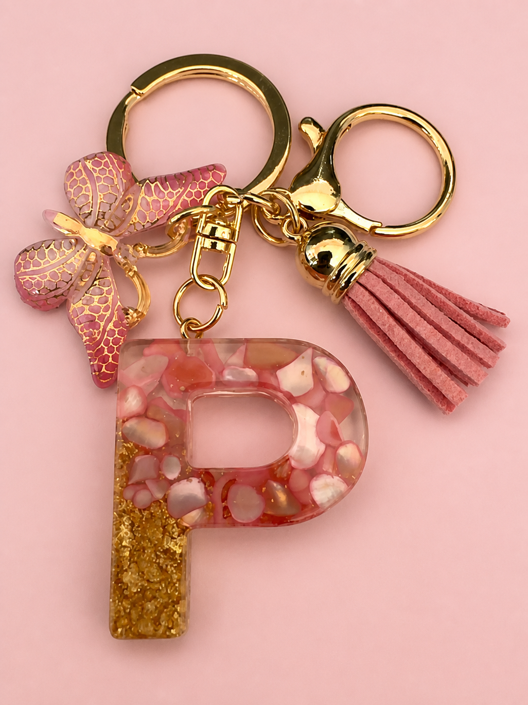 Pink Butterfly Tassel Letter P Keychain