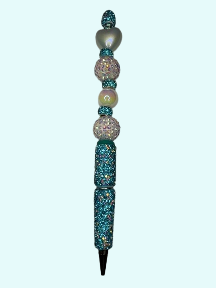 Teal Heart Glitter Bead Pen