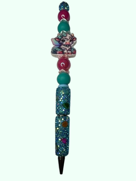 Teal and Pink Cow Charm Glitter Pen