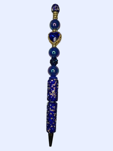Blue Rhinestone Heart Bead Pen