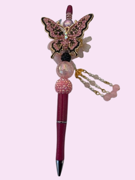 Pink Jeweled Butterfly Beaded Charm Pen
