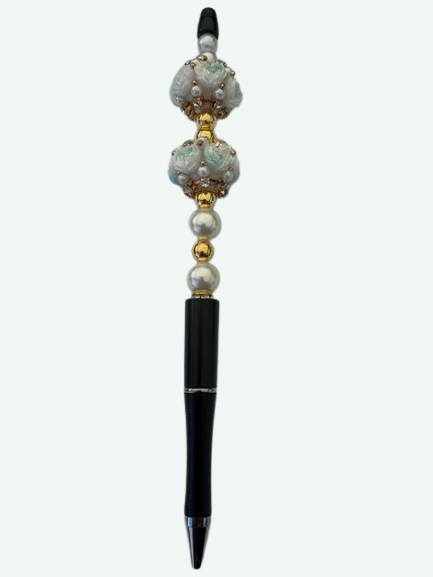 Black and Mint Floral Pearl Bead Pen